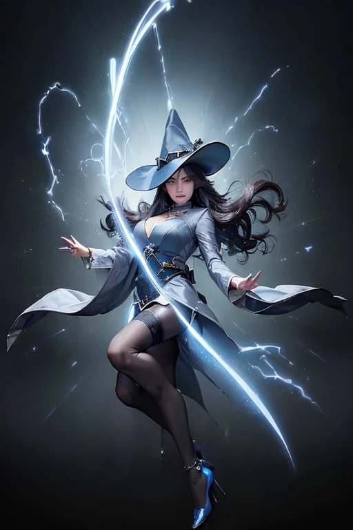 (master piece:1.8), (best quality:1.8), (exquisite lighting and shadow, highly dramatic picture, cinematic lens effect) 8k, wallpaper, dynamic pose, one hand pointing the sky, looking at the viewer, Full Body female long silver hair waving in the air dark fantasy magician lady wearing an elaborate futuristic thin dark gray and light gray large tunic with white lines and very long tunic sleeves, with a big gray pointy magician hat with a big blue gem in the center, high heels, holding a middle magic staff, thin waist, notorious hips, serious look in the eyes, blue energy behind, blue mist, blue stars, blue energy spots behind, ethereal lightning, sharp focus