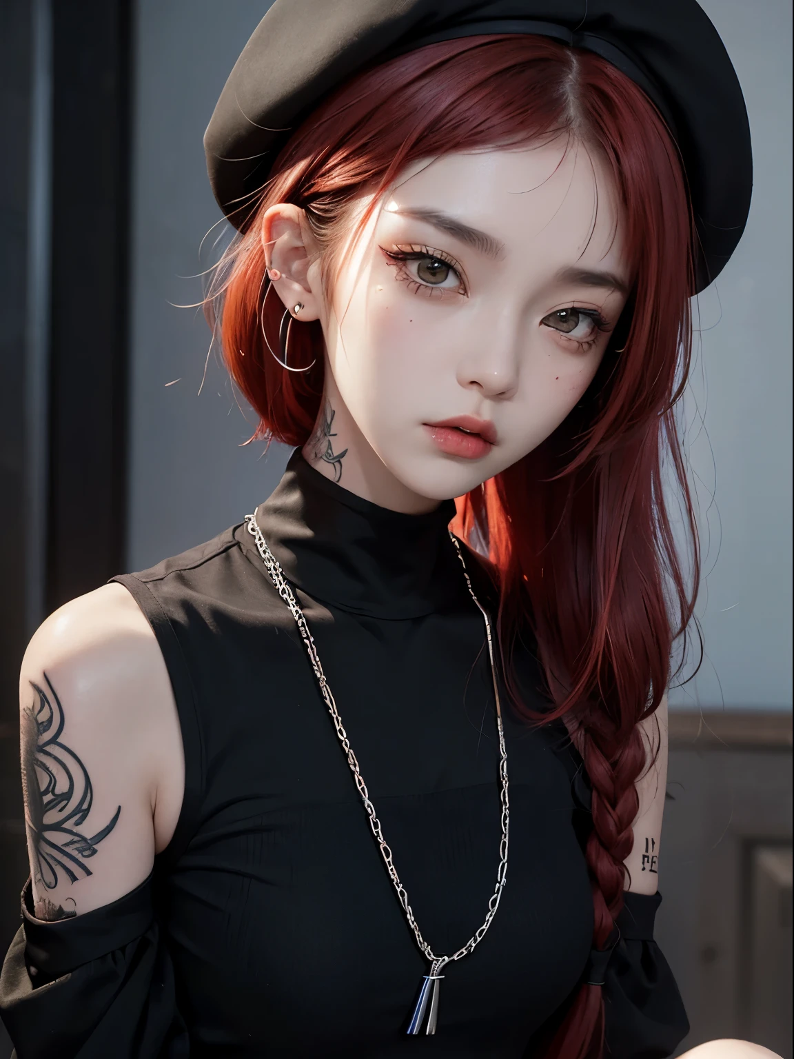 Girl with tattoo and piercing, close up, potrait, facelight, ultrasharp, (zentangled), off shoulder, short light red hair wth bangs, ((black beret)), arm tattoo, neck tattoo, gray eyes, androgynous person, (((black clothes)), taiwanese girl with tattoos