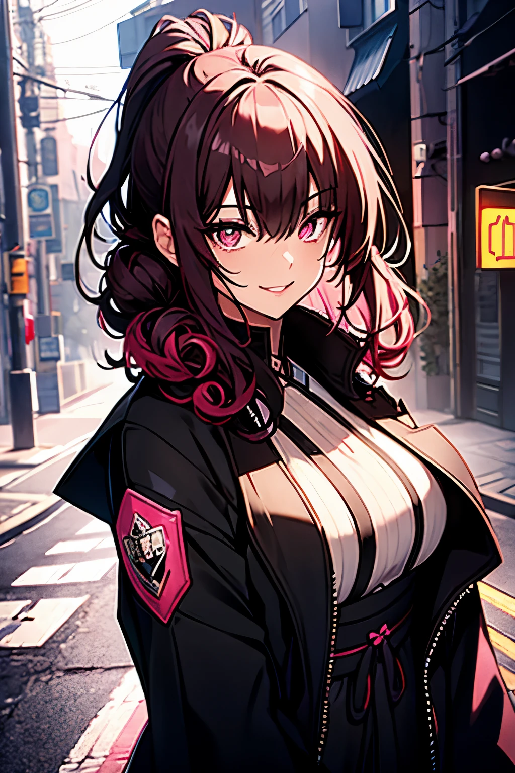 A beautiful gothic woma with long black hair (curly haircut with bangs and ponytail), Latin eyes, smiling sweetly, wearing a pink neon  kimono and a short jacket, Empty background of medieval street