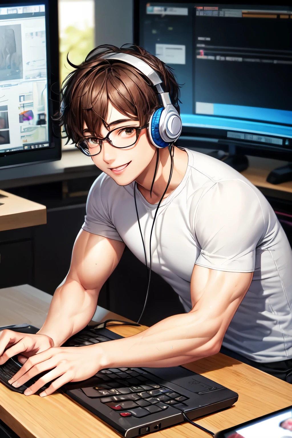 a young man in drawing, with dark brown hair, with white skin, wearing glasses, smiling, body with muscles and wearing headphones facing the webcam on the gaming computer table