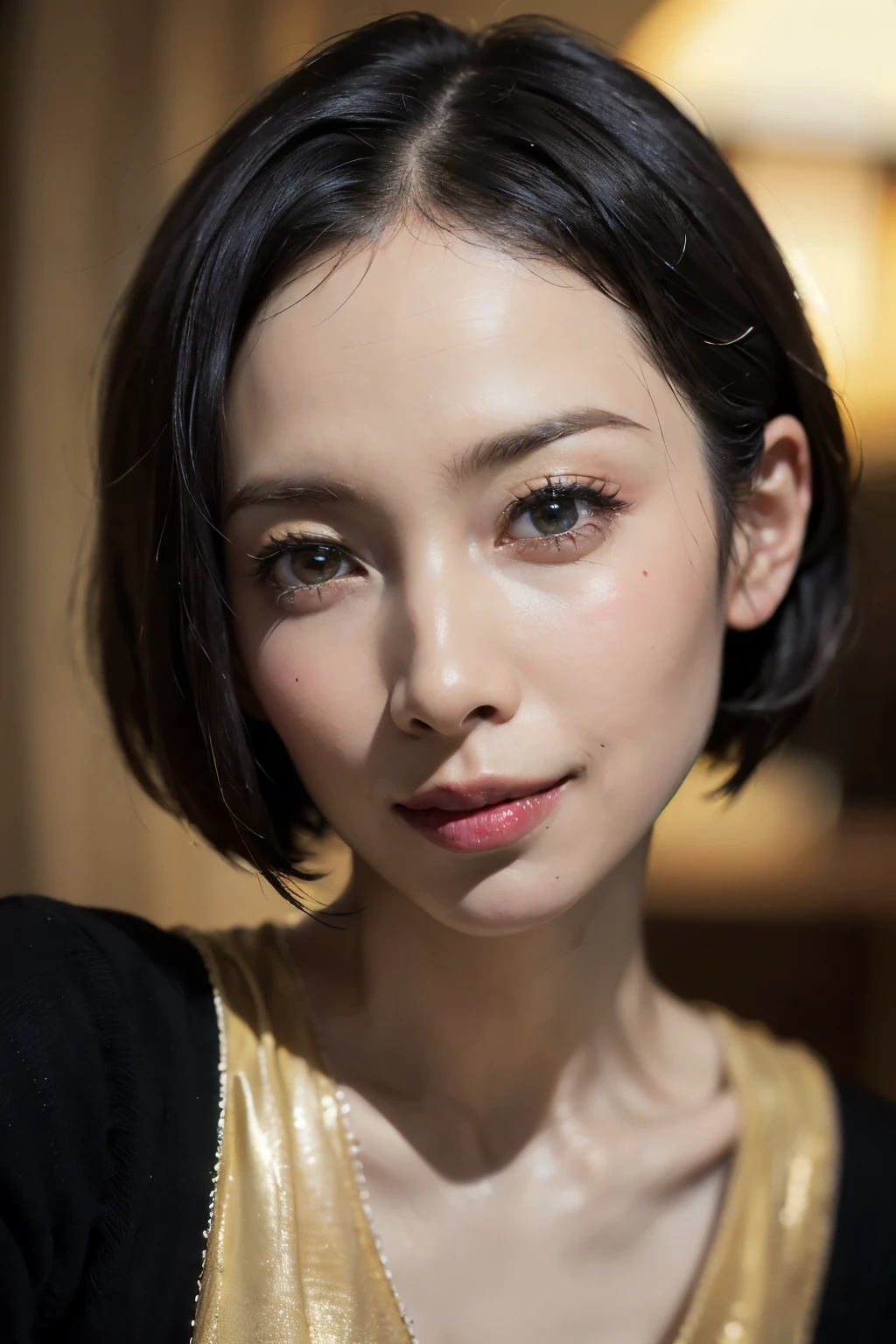 (masterpiece:1.3), (8k, photorealistic, RAW photo, best quality: 1.4), (1girl), beautiful face, (realistic face), (black hair, short hair:1.3), beautiful hairstyle, realistic eyes, beautiful detailed eyes, (realistic skin), beautiful skin, (sweater), absurdres, attractive, ultra high res, ultra realistic, highly detailed, golden ratio, smile, selfie shot