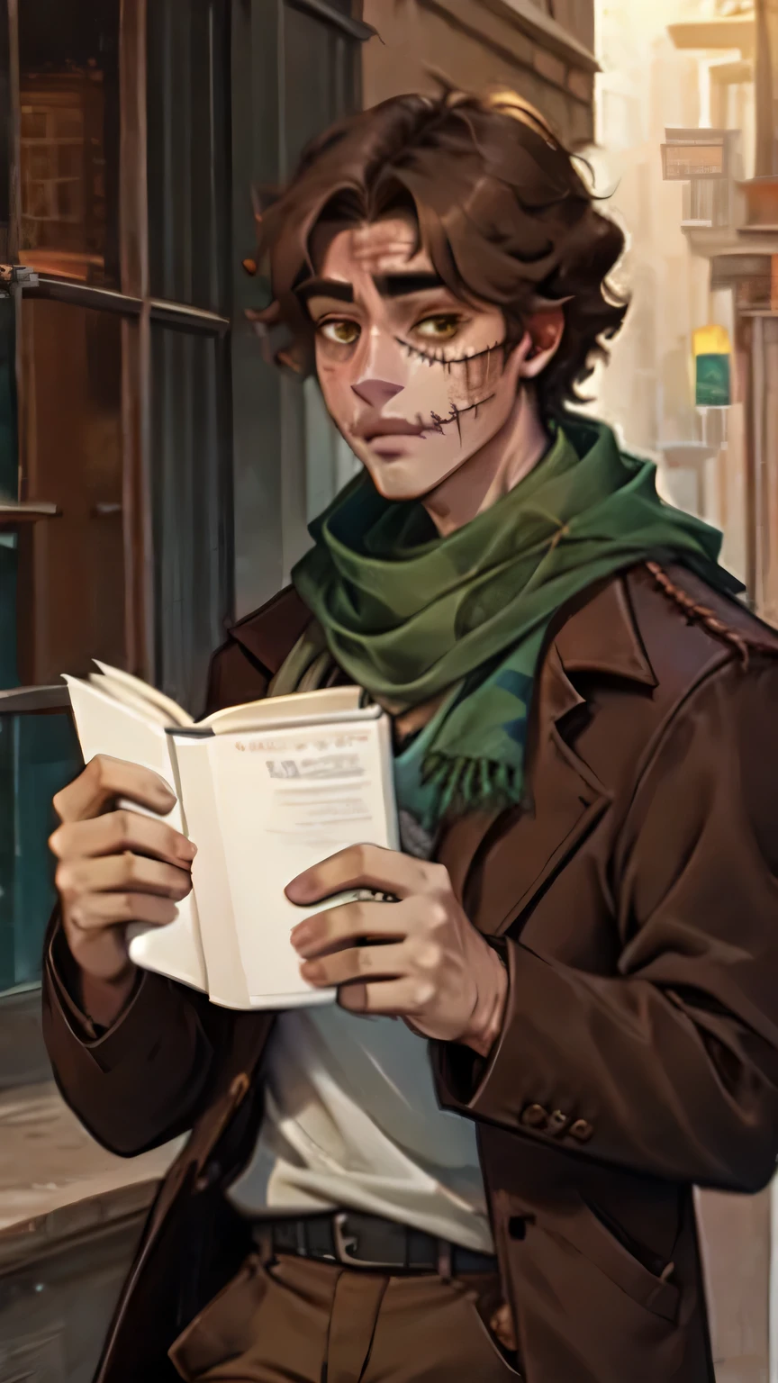 short brown hair, man with scarred face, stitches, striped scarf, brown pants, holding book 