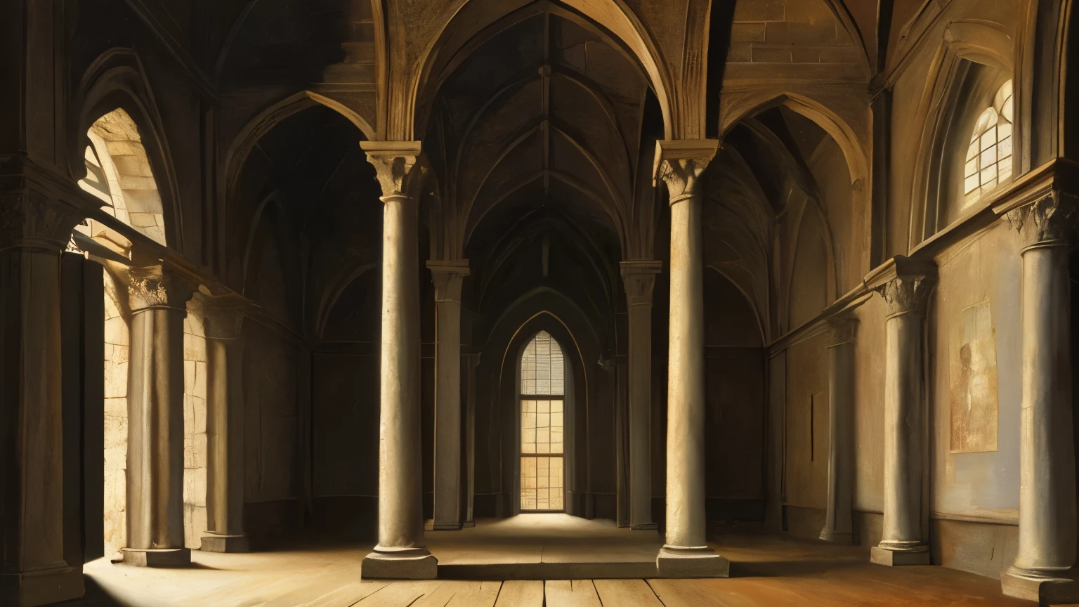 High Renaissance Primitive Painting, empty room, medival scottish castle (interor), Fine brush strokes, Clear colors. Extremely realistic and made use of perspective, accurate proportions and depth. high level of symmetry, sense of unity, balance and harmony