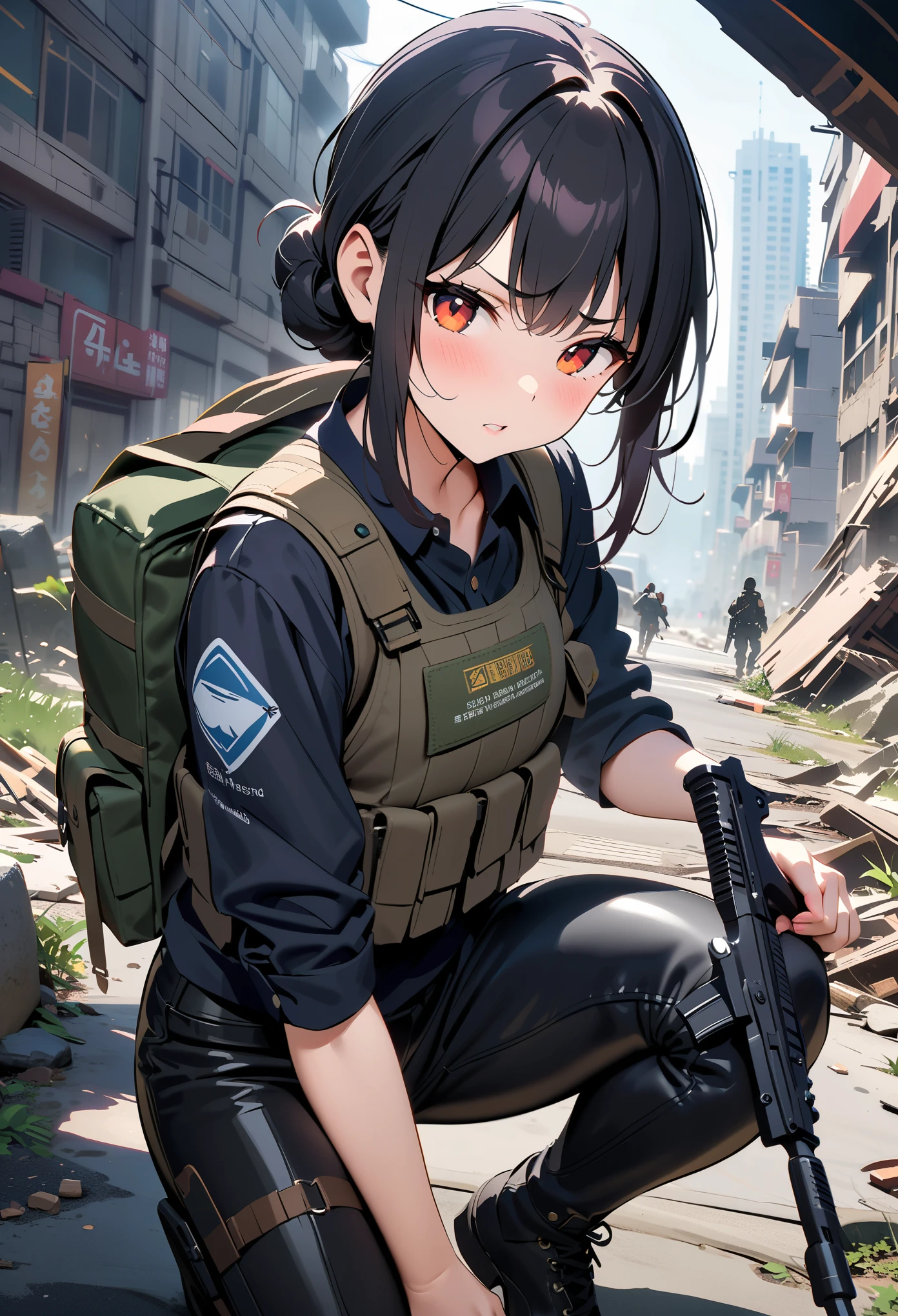 (masterpiece:1.3),(best quality:1.2),8k,absurdres, solo,medium view,A girl,detailed short black hair,anger,(Soldier's outfit that is a black shirt with a bulletproof vest with leather pants with a backpack:1.2),Get down on one knee,(holding a assault rifle:1.2),City ruins,(China city:1.2),Depth of Field,rain