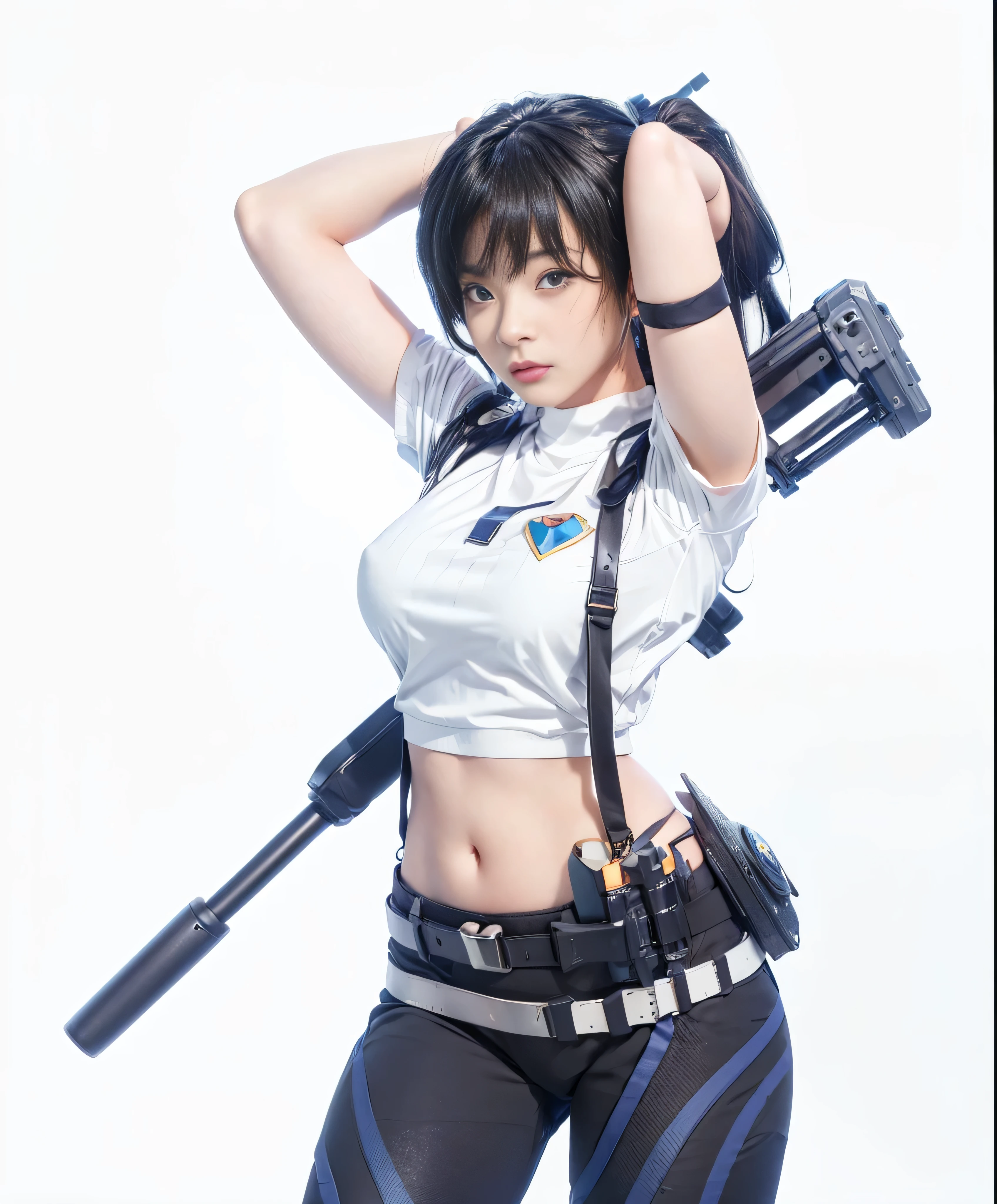 anime - style woman in white shirt and black pants holding a gun, inspired by Leng Mei, render of a cute 3d anime girl, trending on cgstation, photorealistic anime girl render, anime styled 3d, echo from overwatch, as overwatch character, render of april, range murata and artgerm, android heroine, mechanized soldier girl, dog tag