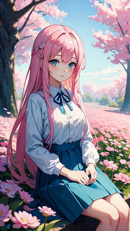 Pink-haired anime girl sitting in a flower field,blue eyes, Blue long skirt,White,Popular on artstation pixiv, Digital art on pixiv, anime art wallpaper 8 k, Guweiz on Pixiv ArtStation, Anime Art Wallpaper 4K, anime art wallpaper 4k, Highest rated on pixiv, beautiful anime artwork, pixiv contest winners