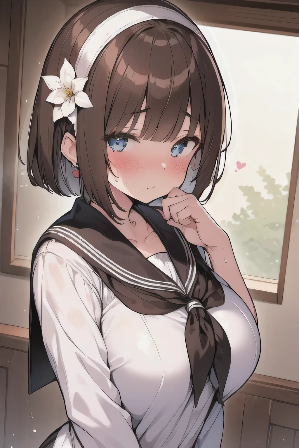 (best quality), (Super detailed), (Best Illustration), (1woman), look at viewer, (serafuku), (Big Breasts:1.2), {brown hair, (bob cut:1.2), curly hair, hairs between eyes}, {(detailed eyes), heart-shaped pupils, blue eyes}, blush, sweat, steam, earrings, white flower hairband, school