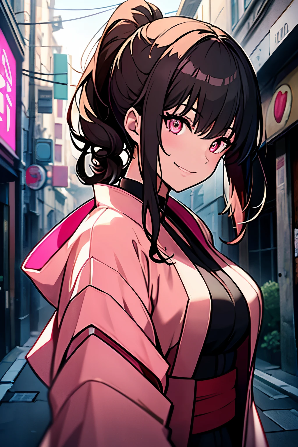 A beautiful gothic woma with long black hair (curly haircut with bangs and ponytail), Latin eyes, smiling sweetly, wearing a pink neon  kimono and a short jacket, Empty background of medieval street