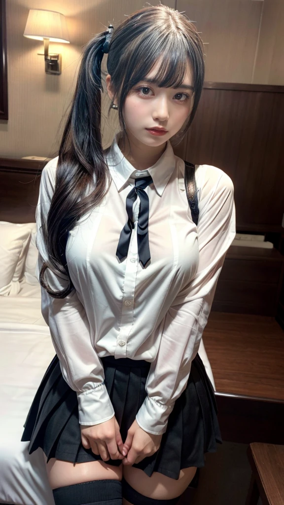 muste piece, best quality, illustration, Super detailed, fine details, High resolution, 8K,wall paper, perfect dynamic composition,(Details High quality, realistic depiction of eyes:1.3), (collared shirt:1.1), pleated skirt, knee high socks, large breasts, ponytail, black hair color, Big Natural Color Lip, (perfect body shape), crying a little、cold gaze, Harajuku style、20 year old girl、cute type、lolita、beautiful legs, hotel room, Gravure Idol, Voluptuous thighs, large hip
