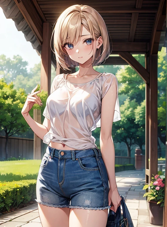 Attractive breasts、Beautiful and attractive anime woman, Enchanting anime girl, Top rated on pixiv、Short Bob、Healthy Body、See-through underwear、I can see your underwear、Shaved、Slippery、My pants are digging in、garden、denim