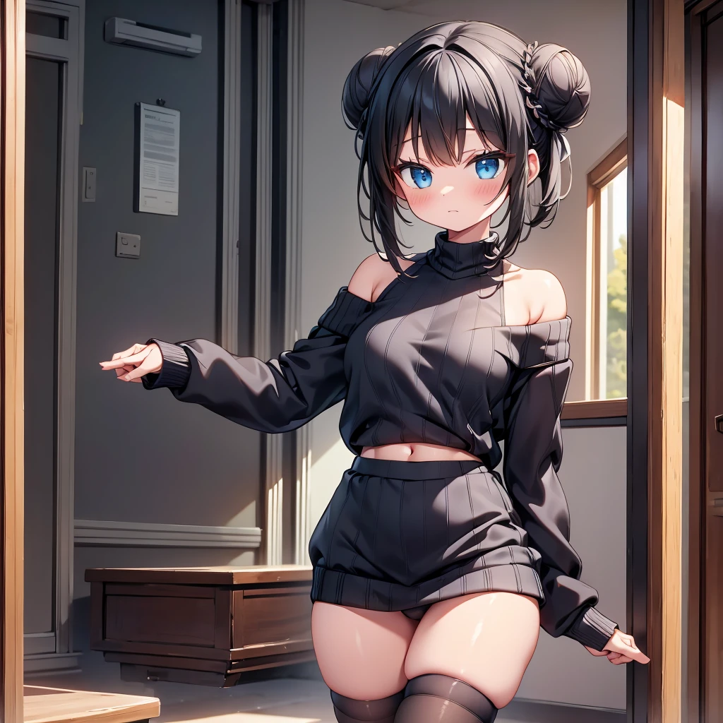 highest quality,wonderful,finely,extremely detailed CG Unity 8K wallpaper, (1 girl, Black Hair, double bun), (midium breasts:1.1),(off-shoulder sweater:1.3), (black stockings:1.1),(Thighs:1.3),(Waistline:1.3)