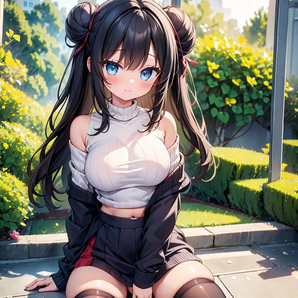 highest quality,wonderful,finely,extremely detailed CG Unity 8K wallpaper, (1 girl, Black Hair, double bun), (midium breasts:1.1),(off-shoulder sweater:1.3), (black stockings:1.1),(Thighs:1.3),(Waistline:1.3)