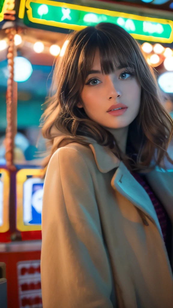 Best quality, 8k, ,Masterpiece :1.3)), facing viewer,((full body1.2)) ,pretty woman, wide shot ,1girl, , selfie , , in the Ferris Wheel ,, brown hair , bangs,ultra-detailed face, highly detailed lips, detailed eyes, double eyelid