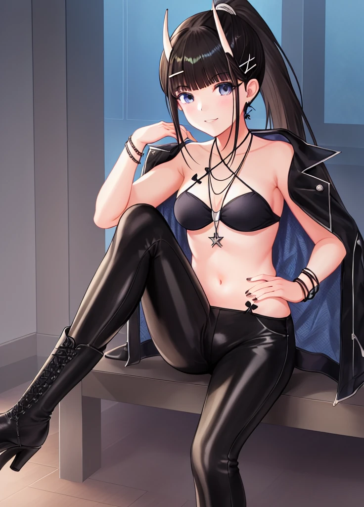 1 Girl, City,rest zozo-nosiro,Oni&#39;s Corner,Black Hair,black eyes, Long hair, Ponytail, Black bikini,Black jacket, boots, bracelet,Black Enamel Pants,period, rest smile,sitting, rest, (dark light:1.2),(Ultra extreme detailed),(peace master:0.5),(Ultra extreme),(Reality),Game CG,illustration,novel iillustration,Beautiful Lights,Light ahead,