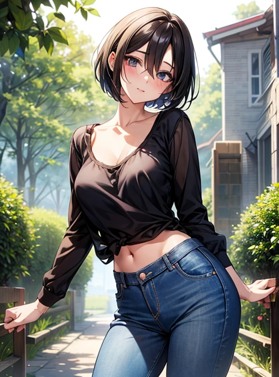 nsfw:1.1、（((nipples are transparent、Crop tank top))）、erect nippleasterpiece:1.2), (highest quality:1.2),, Curvy but slender body, perfect eyes, perfect face, perfect lighting, 1 girl, in the garden, ，beautiful navel、（A miniskirt so short that you can see your underwear），（），（cute gesture），（smile），beautiful thighs, fine clothes, detailed outdoor background, compensate, eye shadow, thick eyelashes, fantasy, looking at the viewer, whole body，、blue sky、Bright and beautiful face、young shiny glossy white shiny skin、the best beauty、、thin hair、short hair、、sparkling crystal clear big brown eyes、Very beautiful lovely  most beautiful girl in the world、small breasts