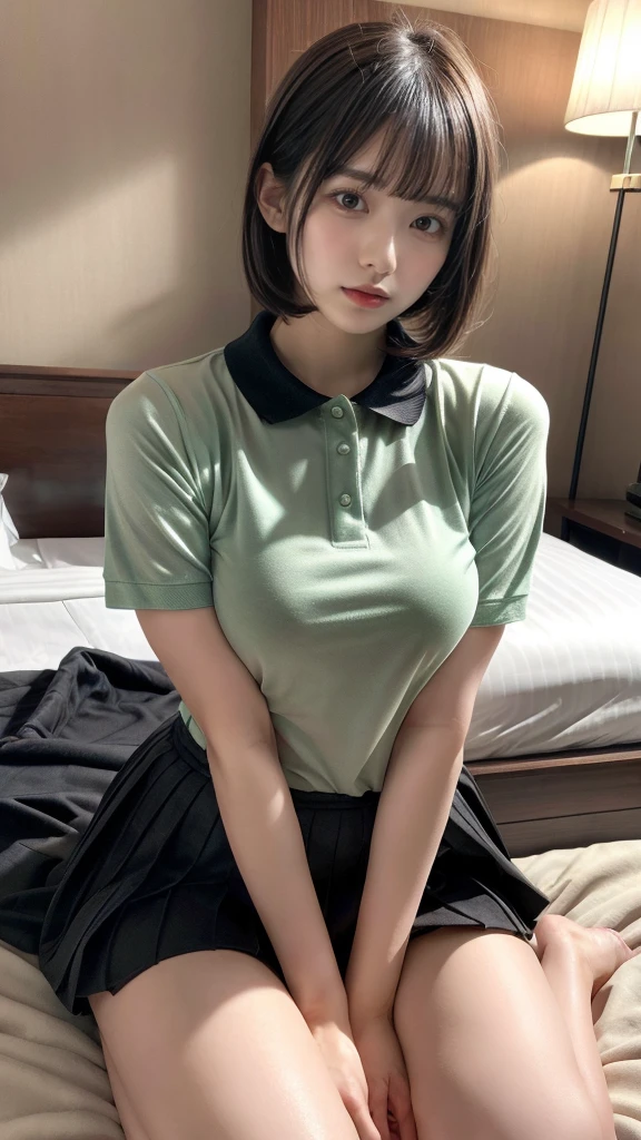 muste piece, best quality, illustration, Super detailed, fine details, High resolution, 8K,wall paper, perfect dynamic composition,(Details High quality, realistic depiction of eyes:1.3), (Polo shirt with collar), pleated skirt, large breasts,short bob hair, black hair color, Big Natural Color Lip, bold sexy pose, crying a little、cold gaze, Harajuku style、20 year old girl、cute type、lolita、beautiful legs, hotel room, hposing Gravure Idol, woman on top, straddling, sitting)