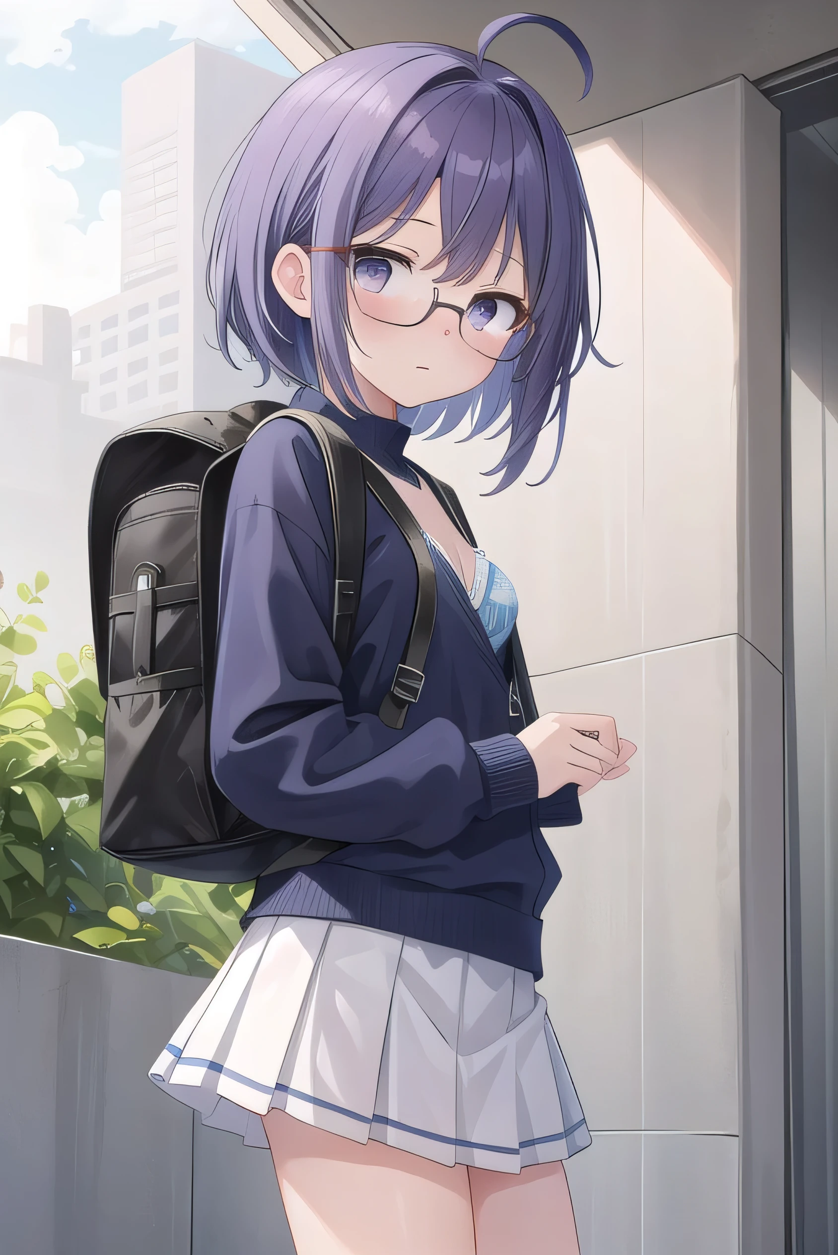 Purple hair, gray eyes, white , navy blue miniskirt, , short, short long hair, kind expression, shy, backpack, almost no breasts, slightly exposed. hair,(flipped hair ), flipped hair, long sleeves, ahoge, girl alone, flipped hair, flipped hair, flipped hair, flipped hair, glasses with no edges, embarrassed, ,her bra is visible