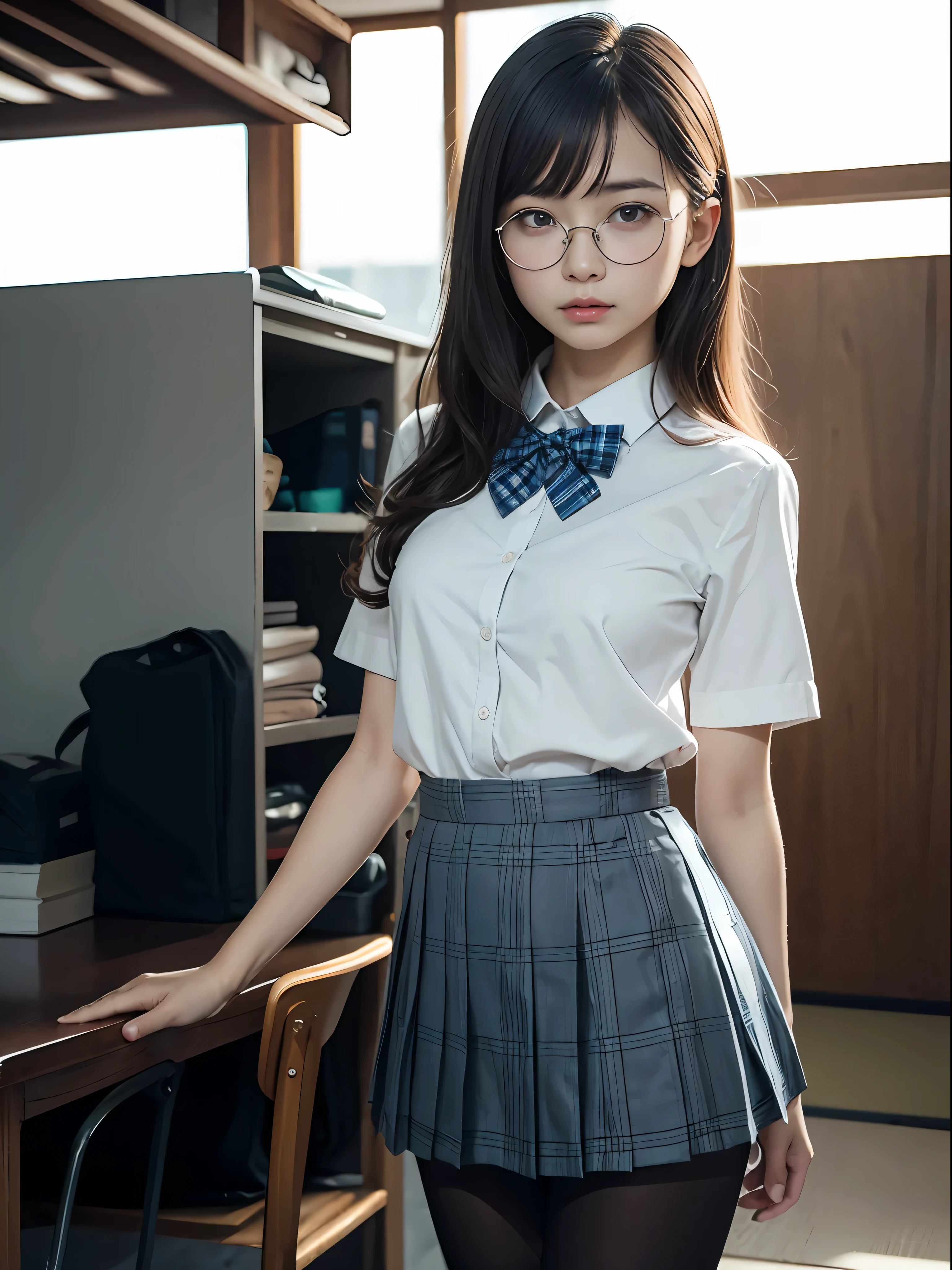 （8K、Raw photography、top-quality、​masterpiece：1.2),Bullish,Muchimuchi,Erotic,Pupils,Light Blue Bra,de pele branca,kne,(Black pantyhose),absurderes,a small face,,flat breast,Parting the bangs from the middle、Forehead visible,(a cold expression,Tight eyes,glares,Bullish,skinny,Rasping,irate)、​masterpiece,top-quality、超A high resolution,Raw photo,ren,Beautiful fece,One Person, solo,eye glass,,Dark look,Small breasts,fullllbody,Round glasses、cute little、JK ,hi-school girl,A Japanese Lady,is standing,（Photorealsitic：1.37）、Photon mapping,Realistic、Cute little face,Brown-eyed、Black socks、(Red bow tie)、Radio City、Physically Based Rendering、Foreground、depth of fields、Blurry background、a picture,The girls、Body,beauty legs, Long legs, Thin leg,Semi-long,(Bangs are visible), hair, s lips, Blue_The eye, nosesoft,(Light blue shirt), (Navy and blue and white plaid pleated skirt), Knees are visible,Sheer clothing,, Thigh, Black cotton socks,Nogizaka Idol, actress, Japanese ido