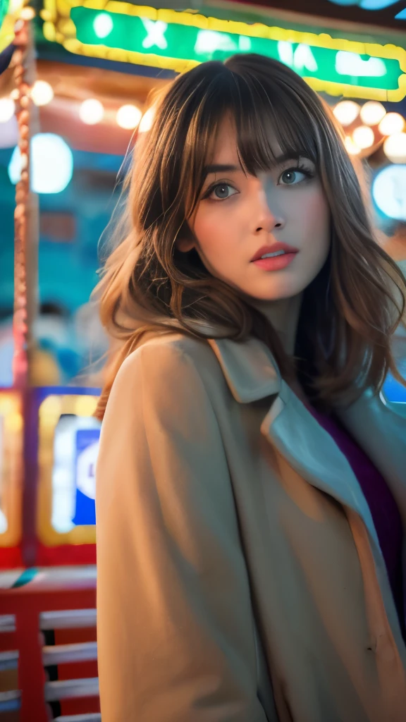 Best quality, 8k,  ,Masterpiece :1.3)), facing viewer,((full body1.2)) ,pretty woman, wide shot ,1girl, , selfie   , , in the Ferris Wheel ,, brown hair  , bangs,ultra-detailed face, highly detailed lips, detailed eyes, double eyelid
