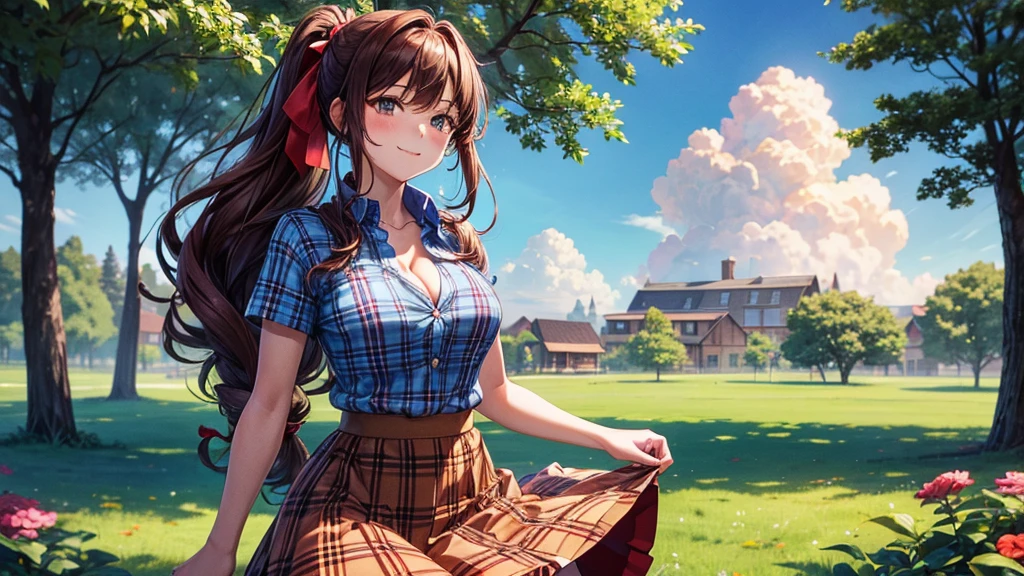 1girl, solo, summer, village, trees, sun, clouds, ((colorful hair)), long hair, curly hair, ponytail, large breasts, button down shirt, ((blue checked shirt)), ((unbuttoned shirt)), ((short sleeved shirt)), unbuttoning buttons, popping buttons, cleavage 1:3, brown eyes, ((red black skirt)), smile, looking at the viewer, touching neck, standng, hair ribbon, golden necklate