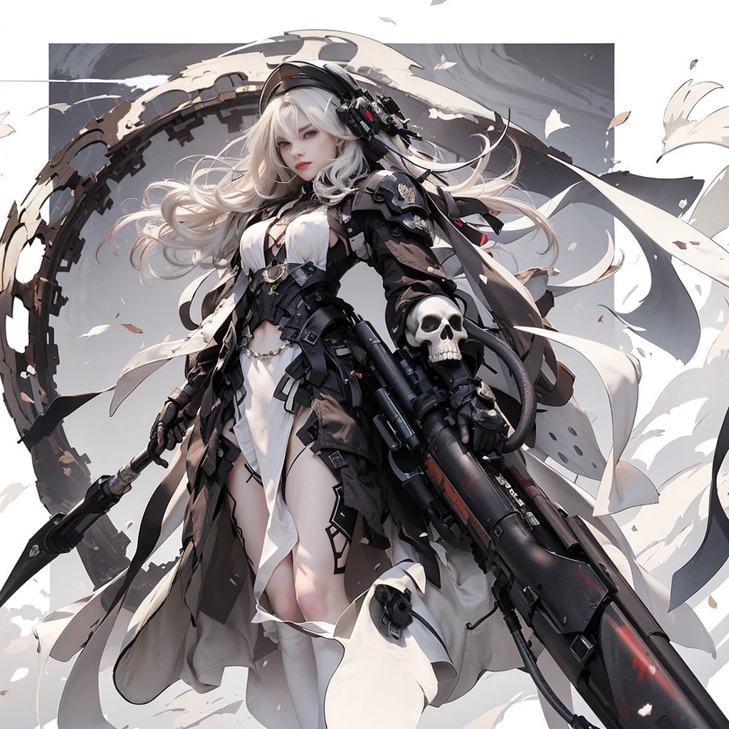High quality, masterpiece with intricate details. prefect face, a close-up of a young woman with white hair with a gun in her hand. sword, wears white clothes with skull decoration. pixiv contest winner, gothic art, of a sniper girl in war, a beautiful white girl cyborg, reaper, anime character; full body art