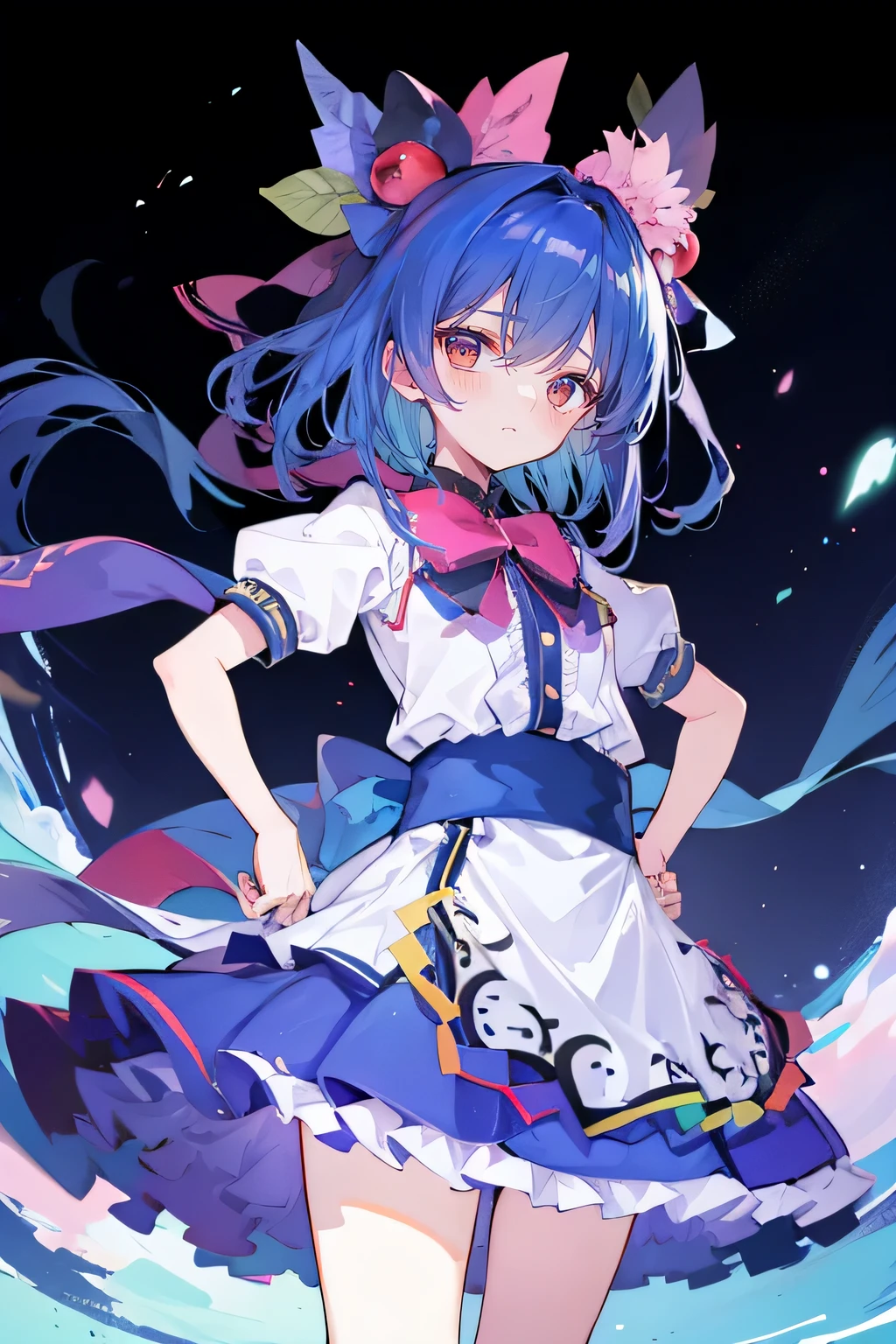 (masterpiece),best quality, expressive eyes, perfect face, 1girl,
 Put your hands on your waist,fair, Gorgeous,Japanese cartoons,girl,lola,Hina Angel, blue hair, blue haired, floating clothes,Grab your waist, Grab your waist, hands on hips , hands on hips,sit, sit on ground, Legs on the ground, flat chest,starry sky,Pink eyes,