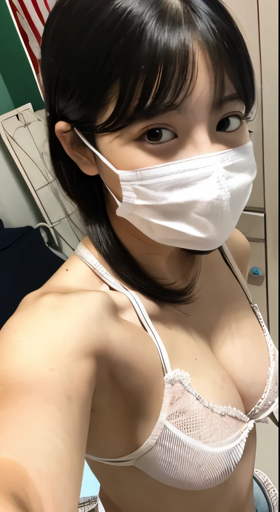 Shortcuts、Holding underwear、Very obscene、((Selfie style in my room)),((student))、((very young))、((very cute))、((So adorable))、((Please wear a white non-woven mask)),highest quality, masterpiece, Ultra-high resolution, (Realistic:1.4), RAW Photos, Very detailed, Perfect Anatomy, 1 girl, 18-year-old, Famous Japanese Idols, Front view, Crotch close-up,, ((Accentuate your breasts))