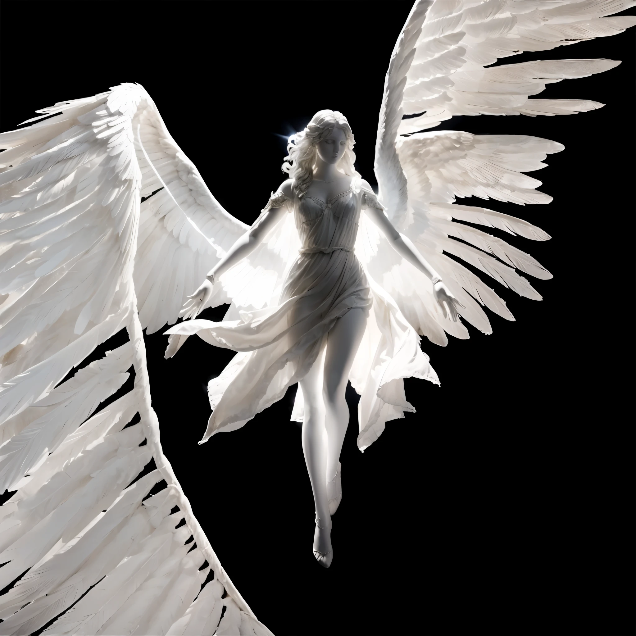 white bright glowing angel on black background, flying pose, beautiful woman angel, flat statue face, very big massive wings, wings on ascending facing down, mannequin face, ascending, hand toward sky, one hand up, angelic pose, very big wings, giantic angel wings, closeup angel wings, angel is light source, over exposured angel, masterpiece photo, photorealism, detailed angel wings, real hands, fix hands