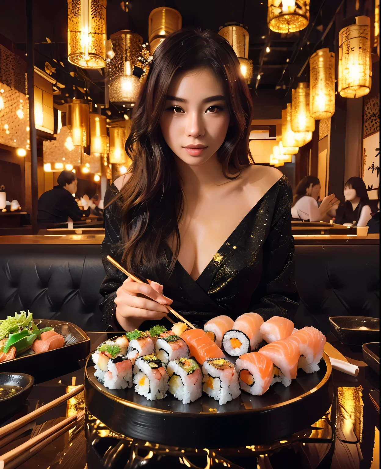 beautiful girl eating sushi