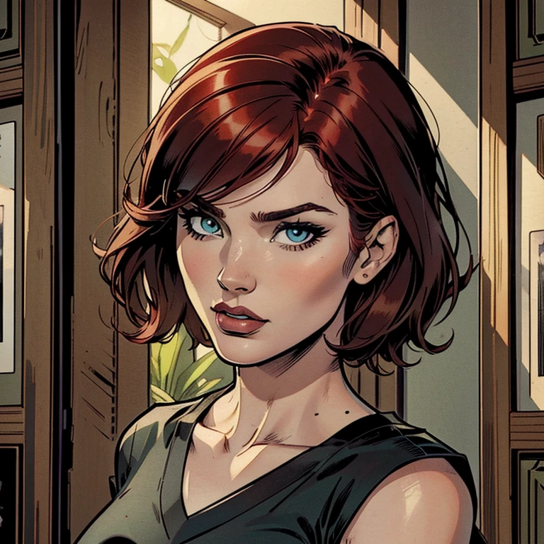 Draw a beautiful white redhead woman, she is wearing a black shirt, she has a beautiful short red hair with a fringe, she has beautiful eyes with green iris, her face is pretty, very beutiful, high resolution, 4k, 8k, masterpiece, high detailed, american comic book style image