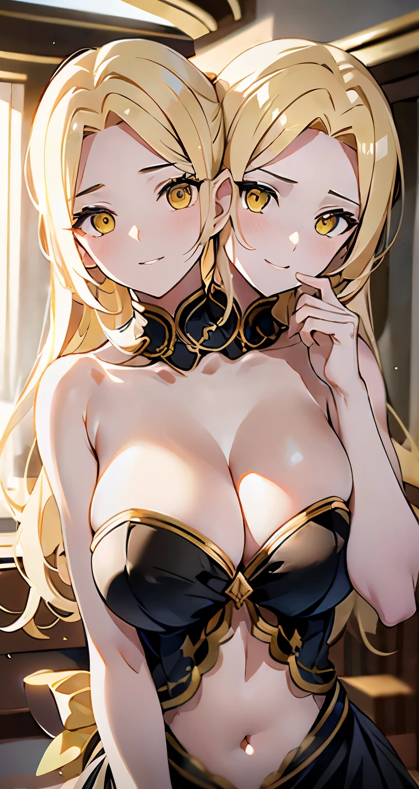 (masterpiece),(ultra-detailed), (high quality), (high resolution), (best quality:1.5, highres, UHD), highres, absurdo, ultra detail, ultra quality, Ultra resolution, 16k, 1girl, (3heads:1.5), girl with three heads, golden blonde hair, (((same identical hair color))), black dress, large breasts, cleavage,, charismatic, very shy, carefree, detailed hair,, (detailed glowing golden yellow eyes), Beautiful girl with accentuated slender abs