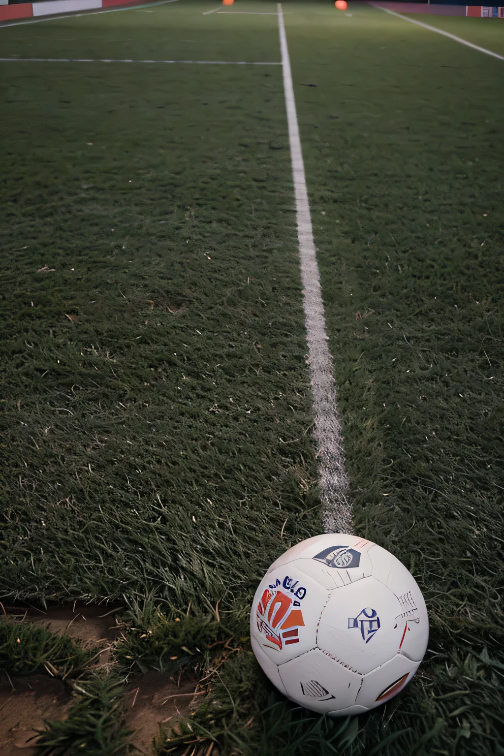 pelota de futbol sobre pasto en medio de una cancha con publico de fondo iluminada con luces, imagen orizontal, hd,