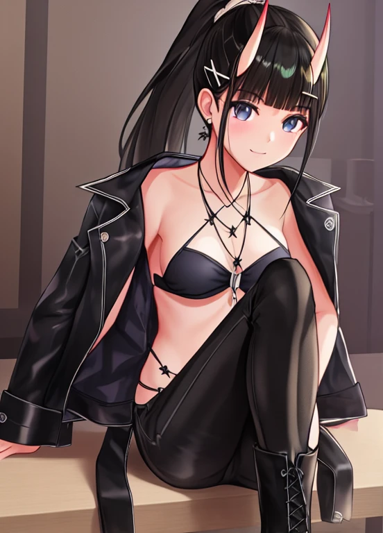 1girl, city,BREAK zozo-nosiro,oni horns,black hair,black eyes, long hair, ponytail, black bikini,black jacket, boots, bracelet,black enamel pants,pendant, BREAK smile,sitting, BREAK, (dark light:1.2),(hyper extreme detailed),(masterpeace:0.5),(hyper extreme),(photorealistic),game cg,llustration,novel illustration,beautiful lighting,light from the front,