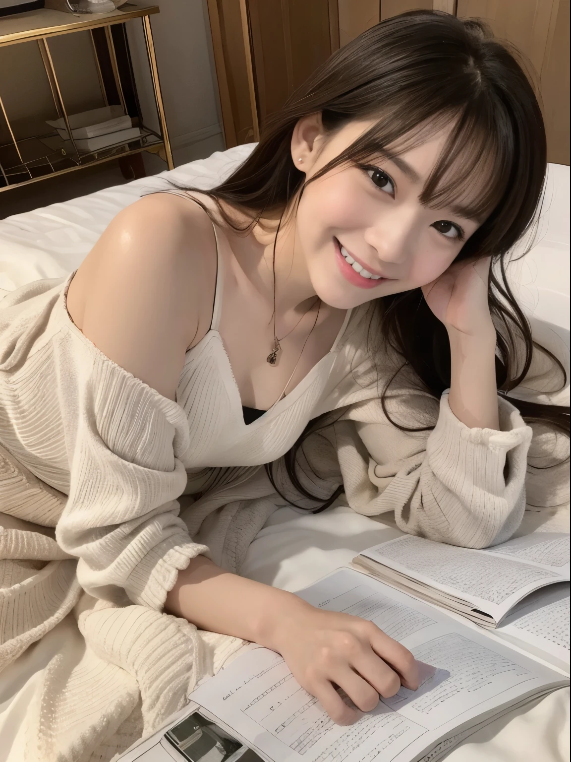 (highest quality、Ultra-realistic、Ultra HD)、Get on all fours on the bed、Japanese idols in their 20s、Beautiful woman、little sweat、Claire、Smiling face、Cute Dresses、I can see the valley、thin、The best skin quality、The background is your room