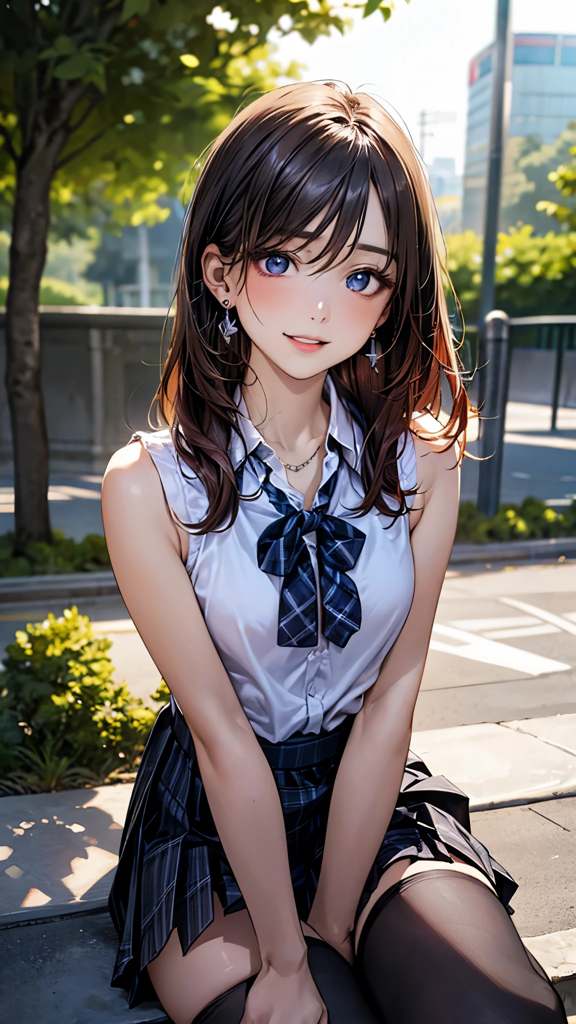 (masterpiece:1.2, top-quality), (realistic, photorealistic:1.4), beautiful illustration, (natural side lighting, movie lighting), , 
looking at viewer, (face focus, upper body), 1 girl, japanese, high school girl, perfect face, perfect hands, babyface, (perfect anatomy:1.4), cute and symmetrical face, 
(medium hair, straight hair, maroon hair), hair between eyes, dark blue eyes, slant eyes, long eye lasher, (medium breasts), slender, white skin, shiny skin, outstanding style, 
beautiful hair, beautiful face, beautiful detailed eyes, beautiful clavicle, beautiful body, beautiful chest, beautiful thigh, beautiful legs, beautiful hands, 
(detailed cloth texture, small earrings, necklace, (sleeveless white collared shirt, checkered black pleated skirt), stockings, high heels), bow tie, 
(beautiful scenery), evening, (park), sitting, (hand in own hair), (lovely smile, upper eyes, parted lips), 