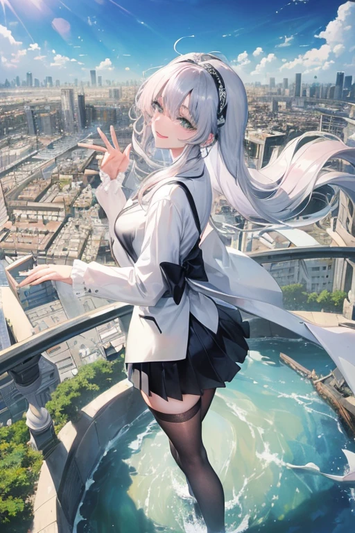 official art, masterpiece, Sharp focus, (Beautiful, gorgeous and cute Korean woman:1.3), (beautiful and cute korean:1.3), Korean beauty, Exquisite and beautiful hair、Eyes and face, Practical, Ultra Detailed, beautiful girl, Blue sky, Glowing white particles, (Side Light:1.2), Sunlight, Baiyun, Detailed clouds, slim, Very cute big and big butt, Smile with teeth bared, ((Smile with your eyes, Open your eyes)), landscape, Long and straight hair, Sexy facial expressions, architecture, (city View:1.7), Dynamic Hair, very Long and straight hair, Delicate platinum silver hair, Green eyes, Pink skirt, Black socks, Pale skin, Hair accessories, epic landscape,White high heels,Nice butt,Beautiful buttocks,Nothing under the skirt,Weight loss