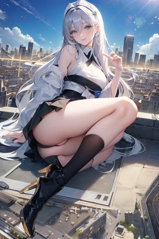 official art, masterpiece, Sharp focus, (Beautiful, gorgeous and cute Korean woman:1.3), (beautiful and cute korean:1.3), Korean beauty, Exquisite and beautiful hair、Eyes and face, Practical, Ultra Detailed, beautiful girl, Blue sky, Glowing white particles, (Side Light:1.2), Sunlight, Baiyun, Detailed clouds, slim, Very cute big and big butt, Smile with teeth bared, ((Smile with your eyes, Open your eyes)), landscape, Long and straight hair, Sexy facial expressions, architecture, (city View:1.7), Dynamic Hair, very Long and straight hair, Delicate platinum silver hair, Green eyes, Pink skirt, Black socks, Pale skin, Hair accessories, epic landscape,White high heels,Nice butt,Beautiful buttocks,Nothing under the skirt,Weight loss