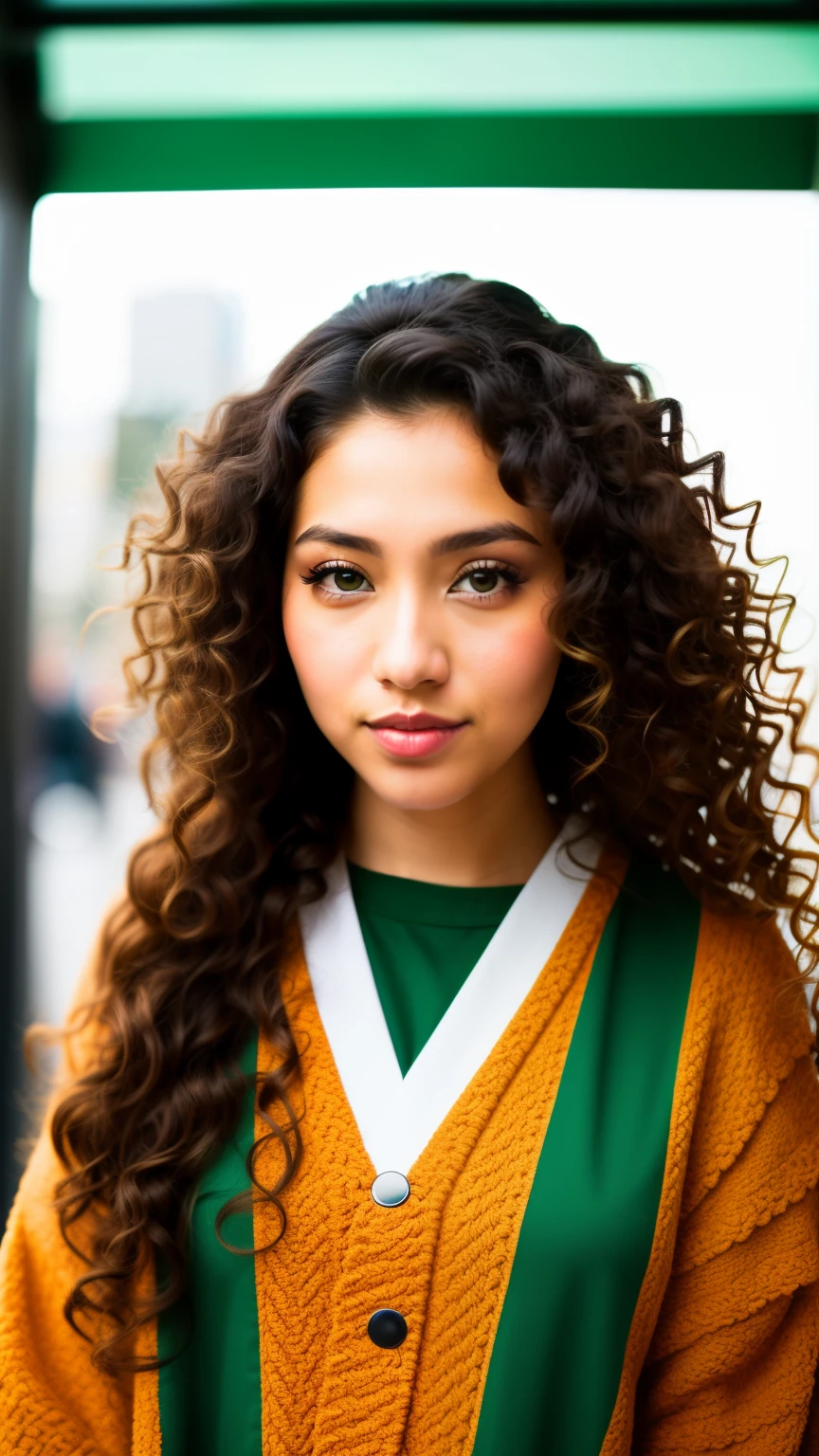 Make my pic of a 27-year-old brunette woman with large, curly brown hair and captivating green eyes. Front view, selfie taken with a Canon EOS 5D Mark IV, high resolution, natural light, vivid colors, SFW, artistic, ((exquisite detail)), ((masterpiece)), Harajuku fashion style. Brown curly hair, deep green eyes, seductive smile, centralized focus, soft shadows, intricate details, Japanese streetwear outfit, 4k resolution, Adobe Lightroom, matte finish.