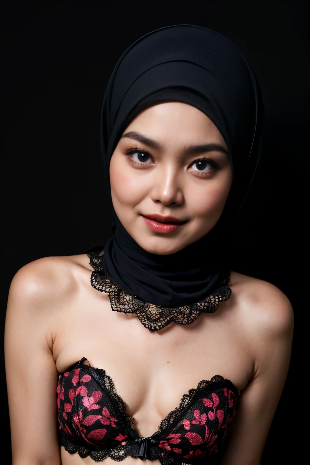 ((FLAT CHEST:1.8)), ((Lace)), (Happy smile), (((HIJAB MALAY GIRL))), masutepiece, High quality, UHD 32K, Realistic face, Realistic skin feeling , A Japanese Lady, 58 years old matured lady, , Very cute and baby-like face, (((FLAT CHEST))), (Night time at forest), ((look In front at the camera and SADNESS)), (((BLACK FLUORESCENT))), (((CUTE GIRL))), ((BLACK FLUORESCENT LIPS)), ((Floral Pattern)) little wearing strapless bra, strapless colorful bra, dark night background , black forest night, horror scary place, (from behind up) seductive pose