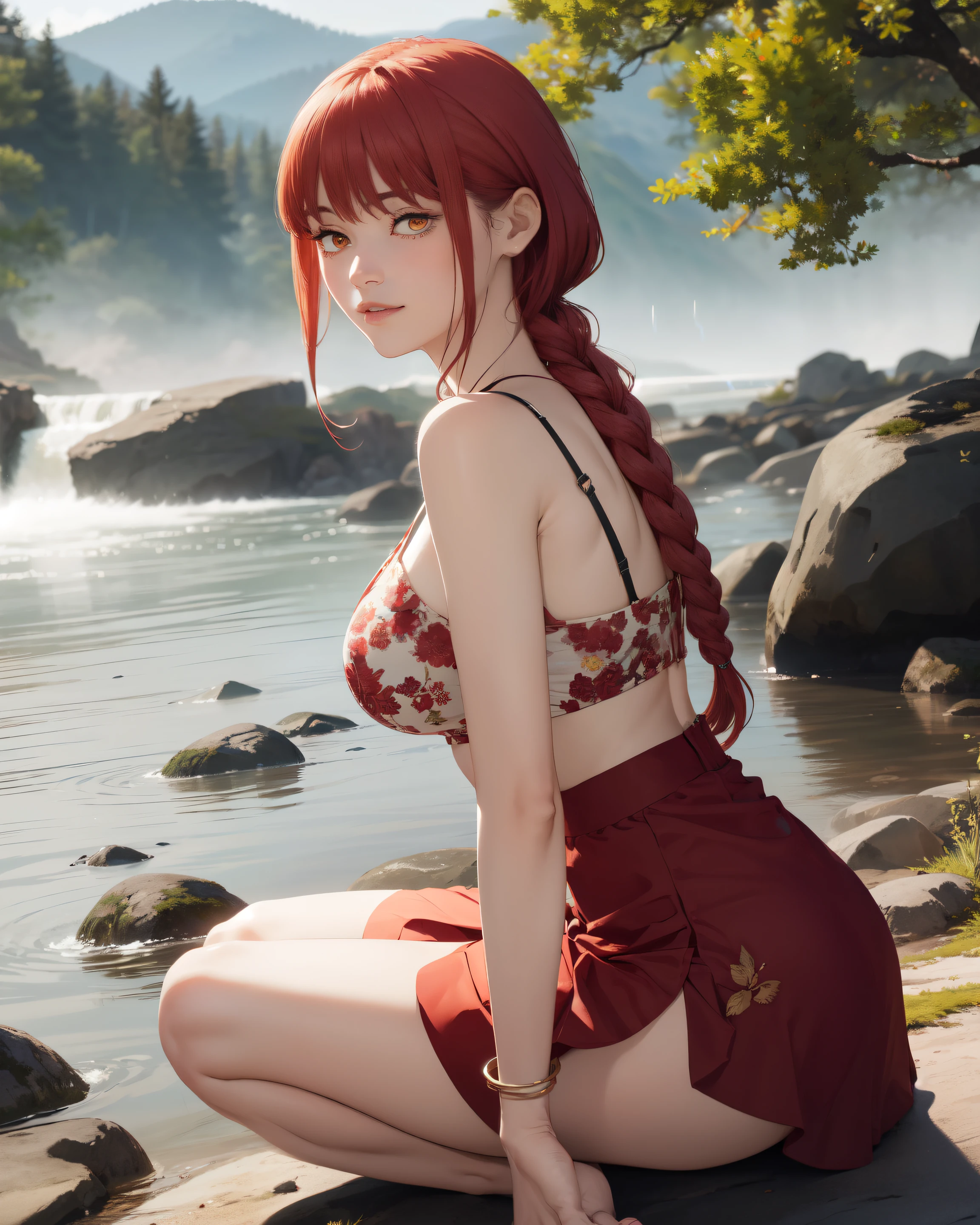 ((masterpiece, Best Quality, high resolution, Perfect Pixel, 8K))), 1 girl、medium thighs、full body seen、 ((Red gorgeous hairs))、(( Beautiful eyelashes、Realistic eyes))、 ((Detailed face, Blushing:1.2))、((Smooth texture:0.75, Realistic texture:0.65, Photorealistic:1.1, Anime CG style))、Seen from front、Dynamic Angle、(Wearing red and white line printed top、gorgeous top、perfect fitting top、perfect skirt、red salong skirt、beautiful dress、Sexy straps、Lace satin、Mini dress、Beautiful pink trees、sitting in a river stream、knee down、hands on hairs、Looking somewhere for pose、beautiful river stream、beautiful foggy appearance、water waves、 river stream、lightning background、Waterfall、Beautiful feet、beautiful mountains、Beautiful lightening、perfect posing、wind breeze、hands on her hairs waving、wavy hairs、walking forward)、Perfect realistic representation of face、seducing look at viewer、medium breasts、beautiful portrait、very High quality、ultra high definition、 insanely detailed face、ultra high quality、ultra high clarity、best quality)、insanely detailed dress、realistic representation of a face、beautiful curvious body、Beautiful feet、white skin、best image quality、best clarity、 highest resolution、8k resolution、ultra high resolution、beautiful smile、beautiful eyelashes、Gorgeous face、gorgeous representation of a face、perfect body、erotic face、dynamic lightning、shiny skin、bokeh:1.2、Full body shot、professional photograph