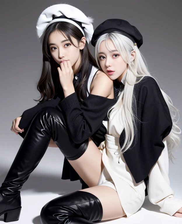 tmasterpiece， Best quality at best， ahoge， Hair over the shoulder， long  white hair，  blush of nose，  Gothic_Lolita， beret， hand_To_Mouth，thigh boots，Absolute realm，upper legs，thigh boots，full bodyesbian，Correct legs