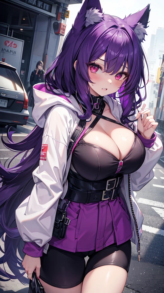 Wolf Woman, Big Breasts, Voluminous purple hair, masterpiece , Red eyes、Double teeth、tooth、Blushed cheeks、 hd, Head to Chest, buried in my chest、Underbust、Cleavage、hoodie、hot pants