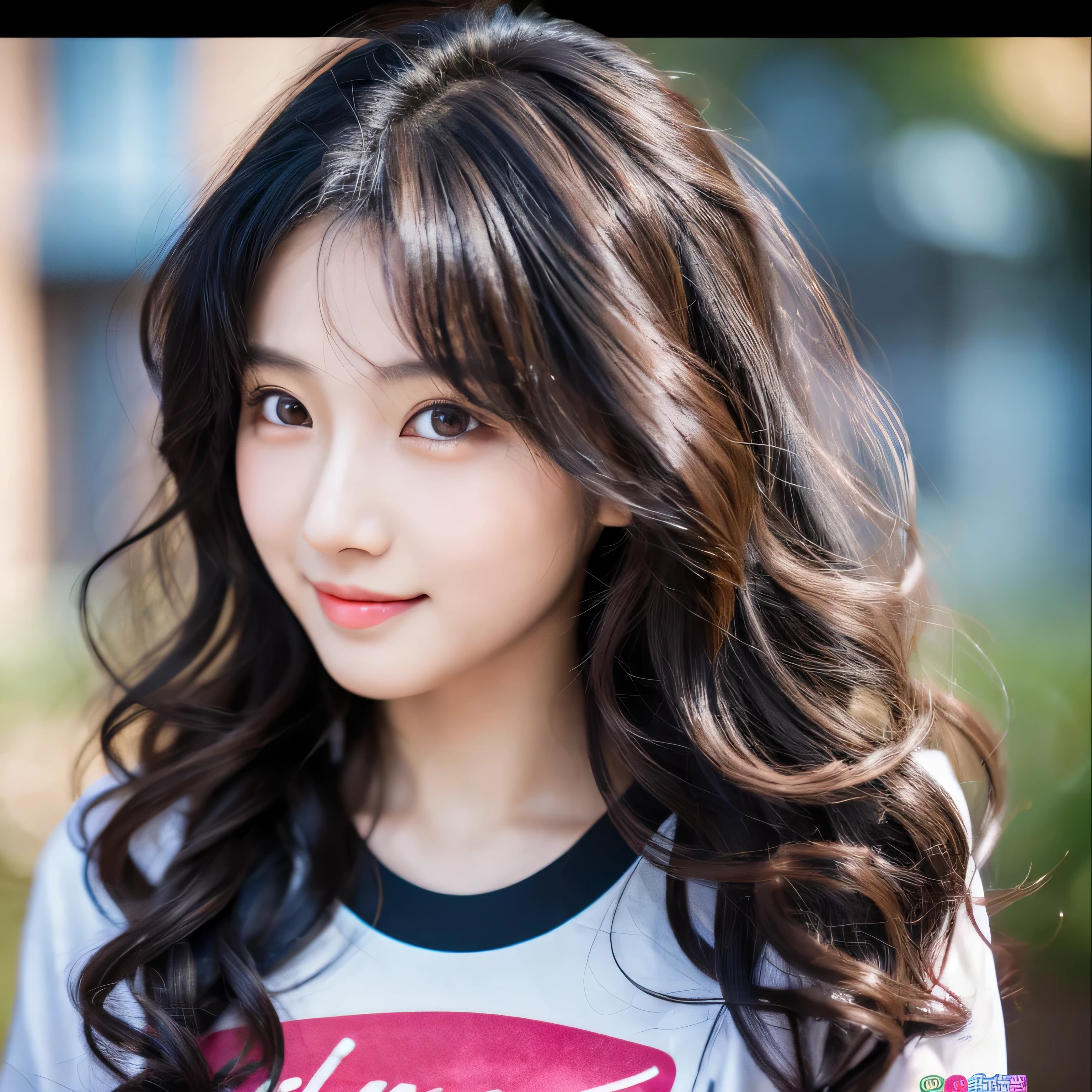 18 year old Chinese girl, Video Game Player, Wearing a semi-transparent T-shirt, Black Hair, ((blush: 0.8)), Natural skin texture, 4K Textures, Very detailed, Crazy Details, pale colour , ((Long Curly Hair)), ((A smile on your face: 0.4)), (no: 0.2), ((Looking straight at the camera)), ((Tilt your head: 0.8 )), ((small:1)).