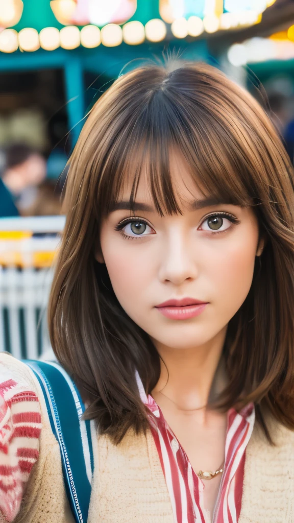 Best quality, 8k,  ,Masterpiece :1.3)), facing viewer,((full body1.2)) ,pretty woman, wide shot ,1girl, , selfie   , , in the Ferris Wheel ,, brown hair  , bangs,ultra-detailed face, highly detailed lips, detailed eyes, double eyelid