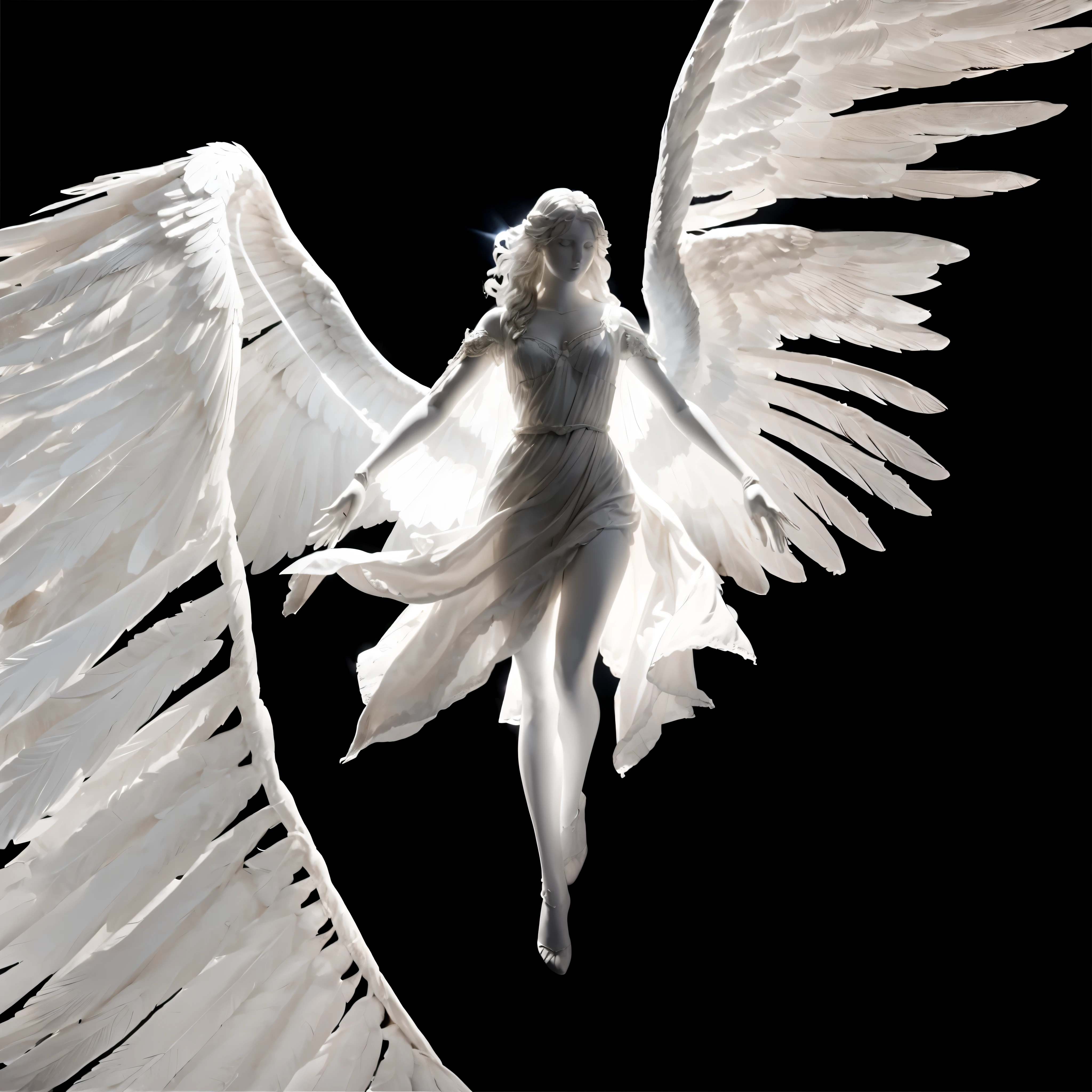 white bright glowing angel on black background, flying pose, beautiful woman angel, flat statue face, very big massive wings, wings on ascending facing down, mannequin face, ascending, hand toward sky, one hand up, angelic pose, very big wings, giantic angel wings, closeup angel wings, angel is light source, over exposured angel, masterpiece photo, photorealism, detailed angel wings, real hands, fix hands