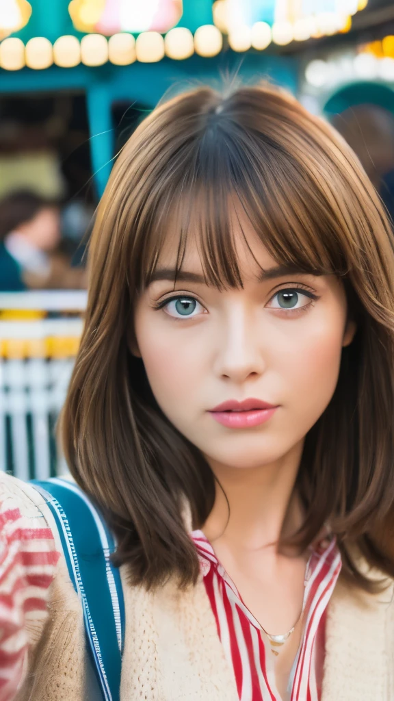Best quality, 8k, ,Masterpiece :1.3)), facing viewer,((full body1.2)) ,pretty woman, wide shot ,1girl, , selfie , , in the Ferris Wheel ,, brown hair , bangs,ultra-detailed face, highly detailed lips, detailed eyes, double eyelid