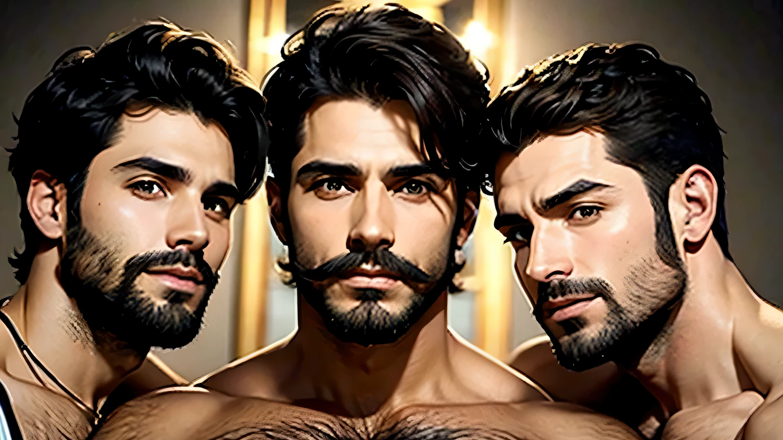 3 BEAUTIFUL MEN AROUND 35 YEARS OLD with very short cut hair WITH FACIAL HAIR AND HAIRY CHEST