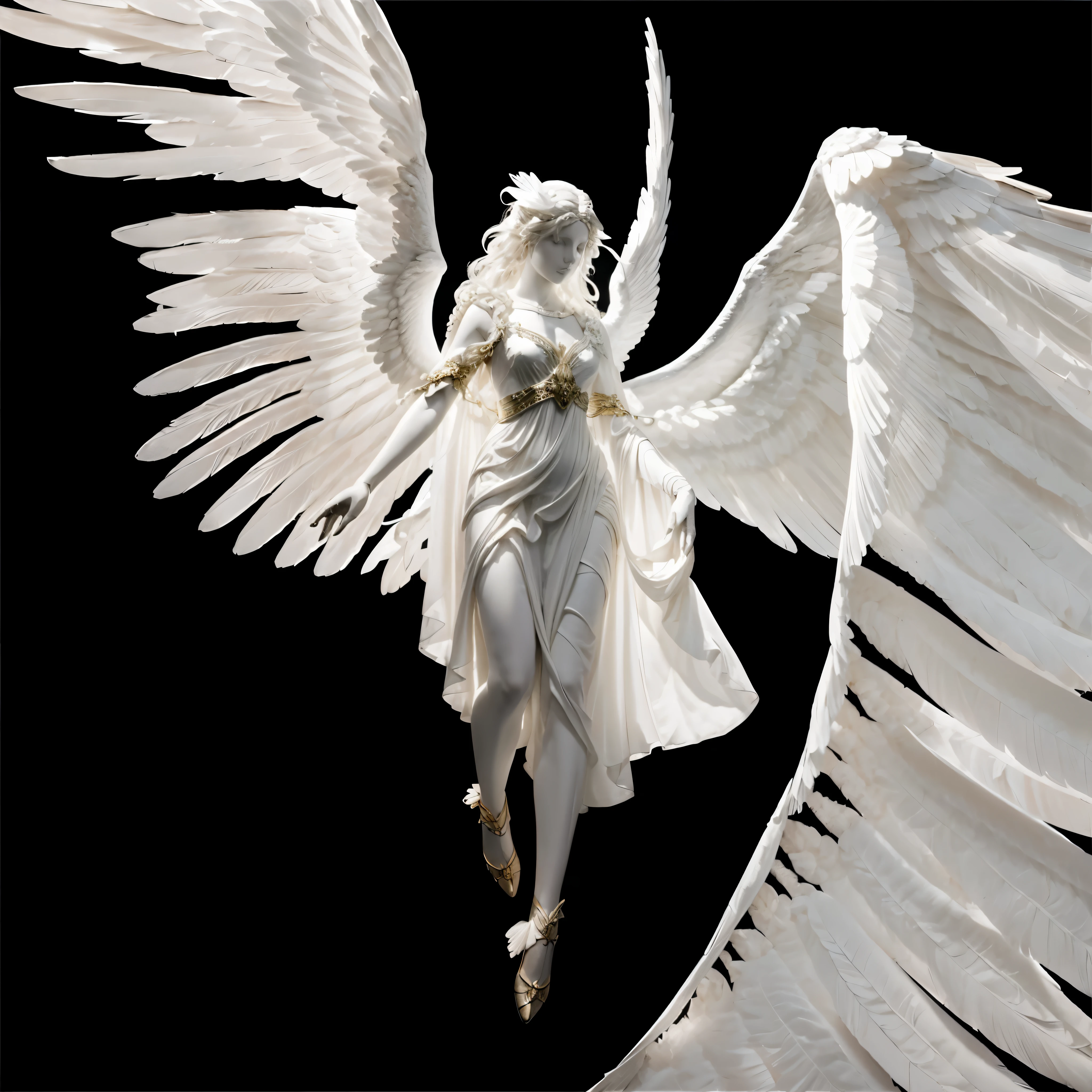 white bright glowing angel on black background, flying pose, beautiful woman angel, flat statue face, very big massive wings, wings on ascending facing down, mannequin face, ascending, hand toward sky, one hand up, angelic pose, very big wings, giantic angel wings, closeup angel wings, angel is light source, over exposured angel, masterpiece photo, photorealism, detailed angel wings, real hands, fix hands