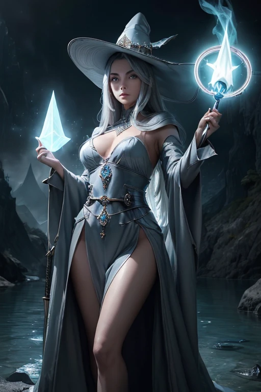 (master piece:1.8), (best quality:1.8), (exquisite lighting and shadow, highly dramatic picture, cinematic lens effect) 8k, wallpaper, one hand pointing the sky, looking at the viewer, female long silver hair waving in the air dark fantasy magician lady wearing an elaborate futuristic thin dark gray and light gray large tunic with white lines and very long tunic sleeves, large dress, with a big gray pointy magician hat with a big blue gem in the center, high heels, holding a middle magic staff, thin waist, notorious hips, serious look in the eyes, beautiful eyes, beautiful lips, blue energy lake behind, blue mist, blue stars, blue energy spots behind, ethereal lightning, sharp focus
