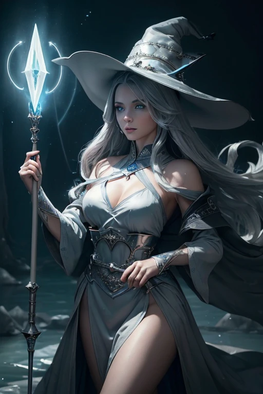 (master piece:1.8), (best quality:1.8), (exquisite lighting and shadow, highly dramatic picture, cinematic lens effect) 8k, wallpaper, one hand pointing the sky, looking at the viewer, female long silver hair waving in the air dark fantasy magician lady wearing an elaborate futuristic thin dark gray and light gray large tunic with white lines and very long tunic sleeves, large dress, with a big gray pointy magician hat with a big blue gem in the center, high heels, holding a middle magic staff, thin waist, notorious hips, serious look in the eyes, beautiful eyes, beautiful lips, blue energy lake behind, blue mist, blue stars, blue energy spots behind, ethereal lightning, sharp focus
